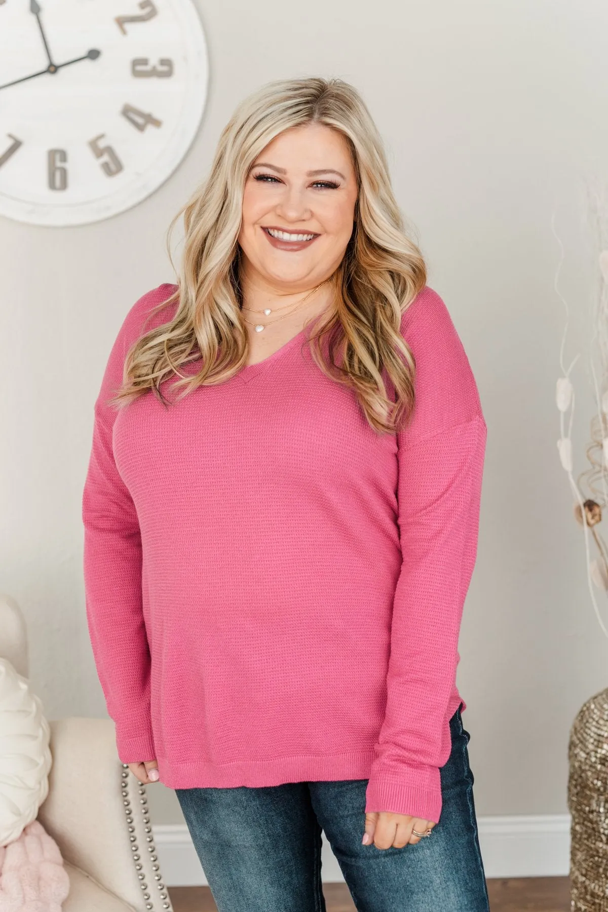 Life In Full Bloom V-Neck Knit Top- Bubblegum Pink