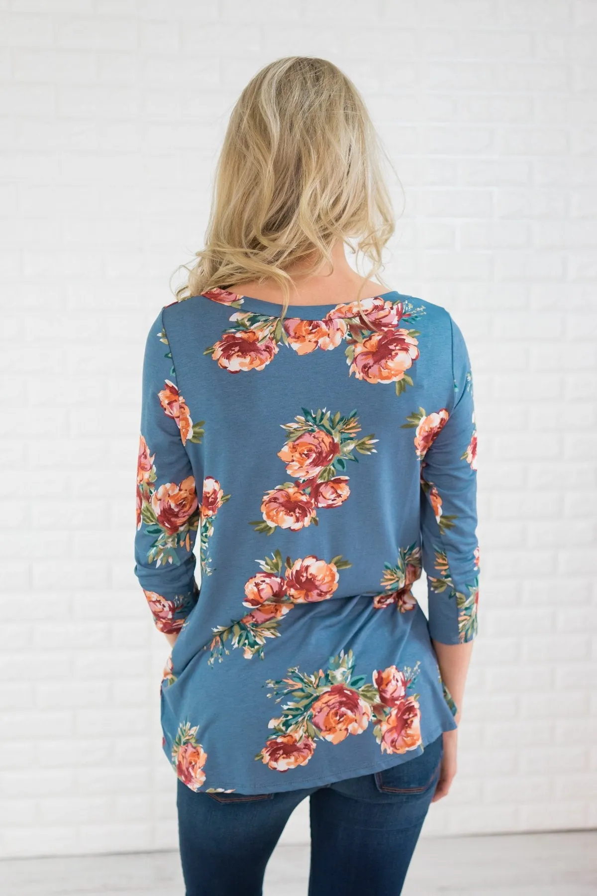 Light Blue 3/4 Sleeve Floral Top