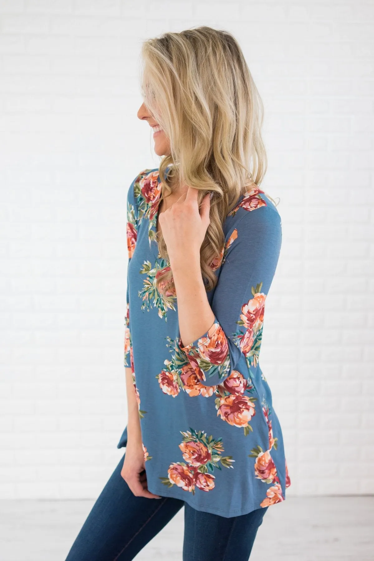 Light Blue 3/4 Sleeve Floral Top