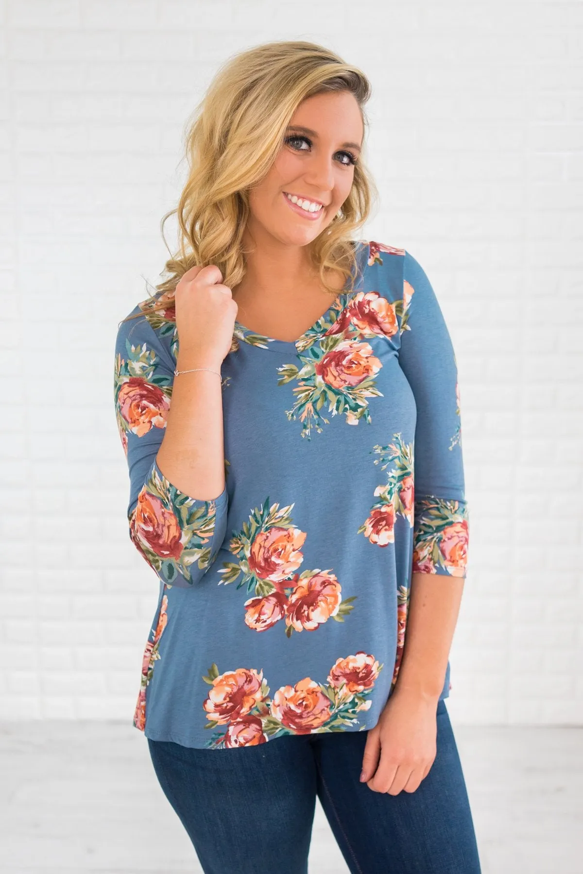 Light Blue 3/4 Sleeve Floral Top