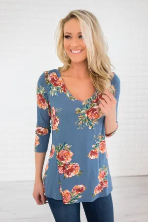 Light Blue 3/4 Sleeve Floral Top
