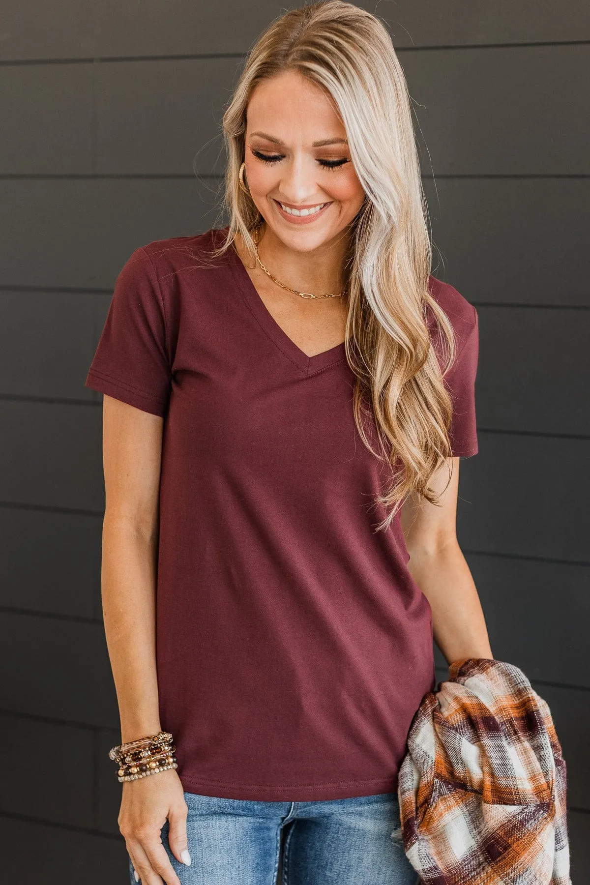 Light The Way V-Neck Top- Burgundy