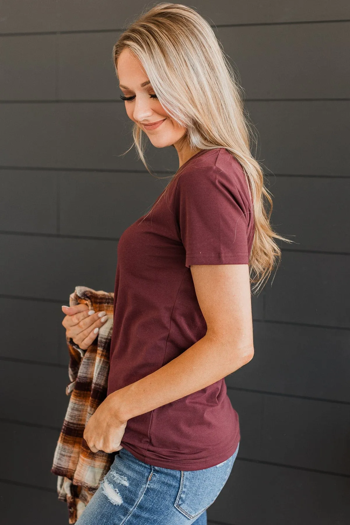 Light The Way V-Neck Top- Burgundy