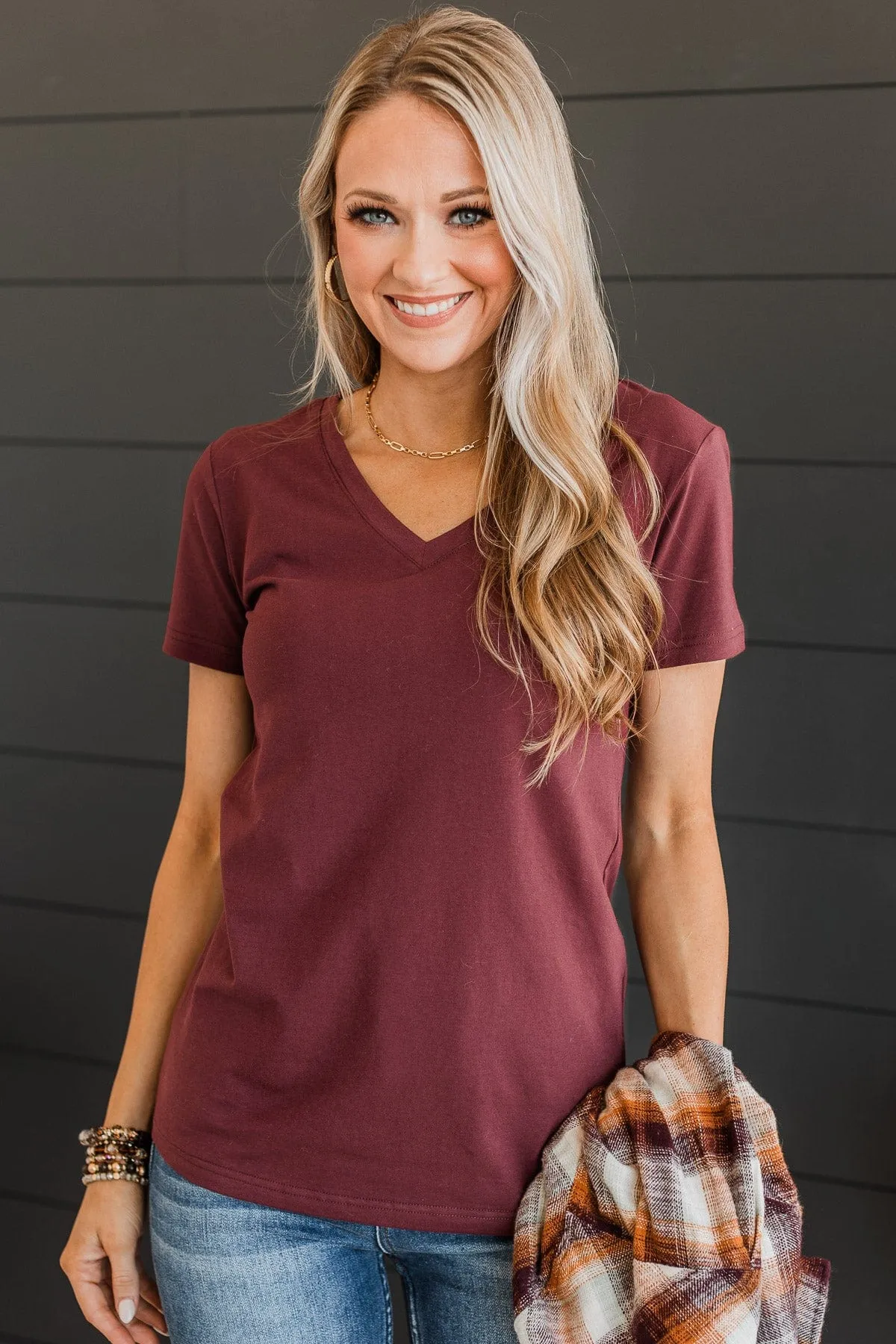Light The Way V-Neck Top- Burgundy