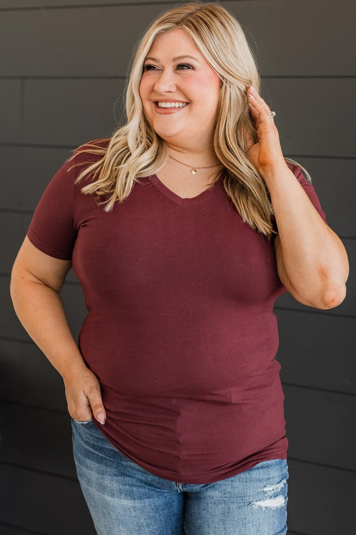 Light The Way V-Neck Top- Burgundy