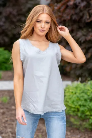 Linen Frayed V Neck Top - Lt Grey
