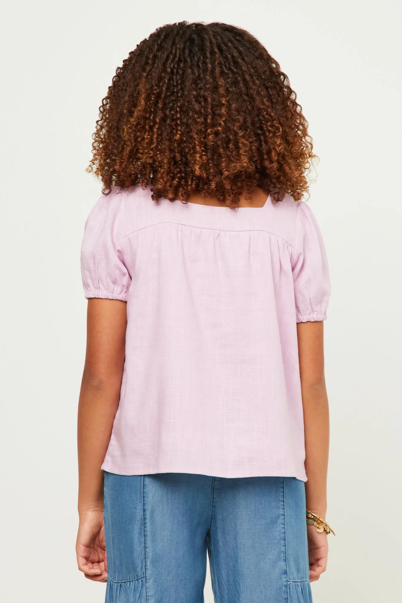 Linen Look Square Neck Puff Sleeve Top