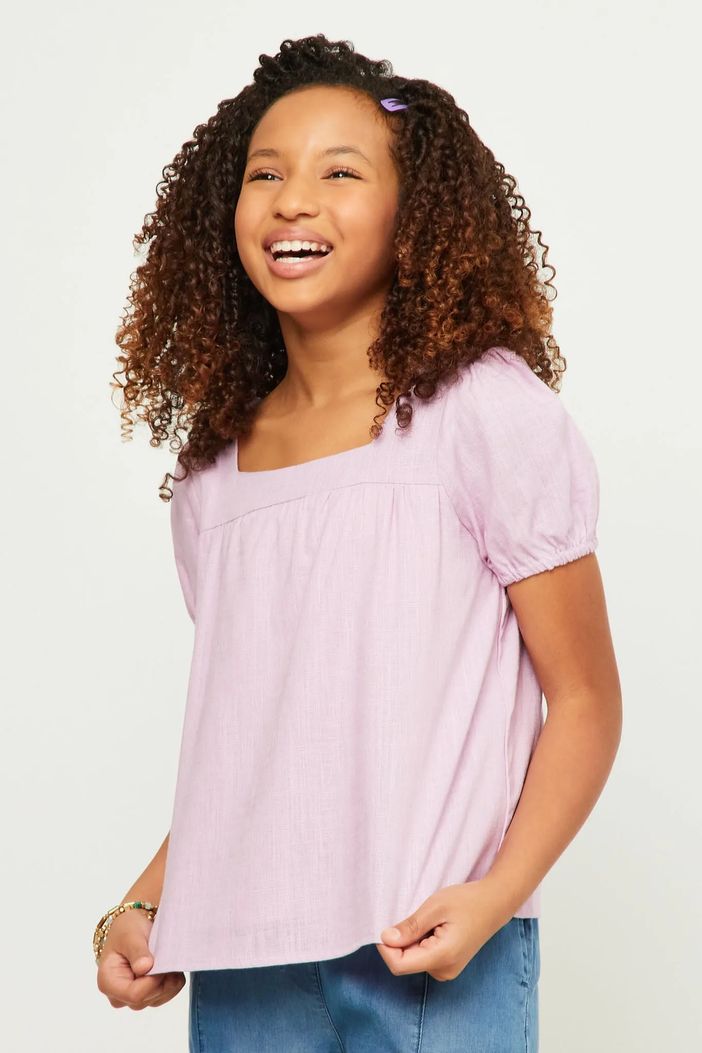 Linen Look Square Neck Puff Sleeve Top