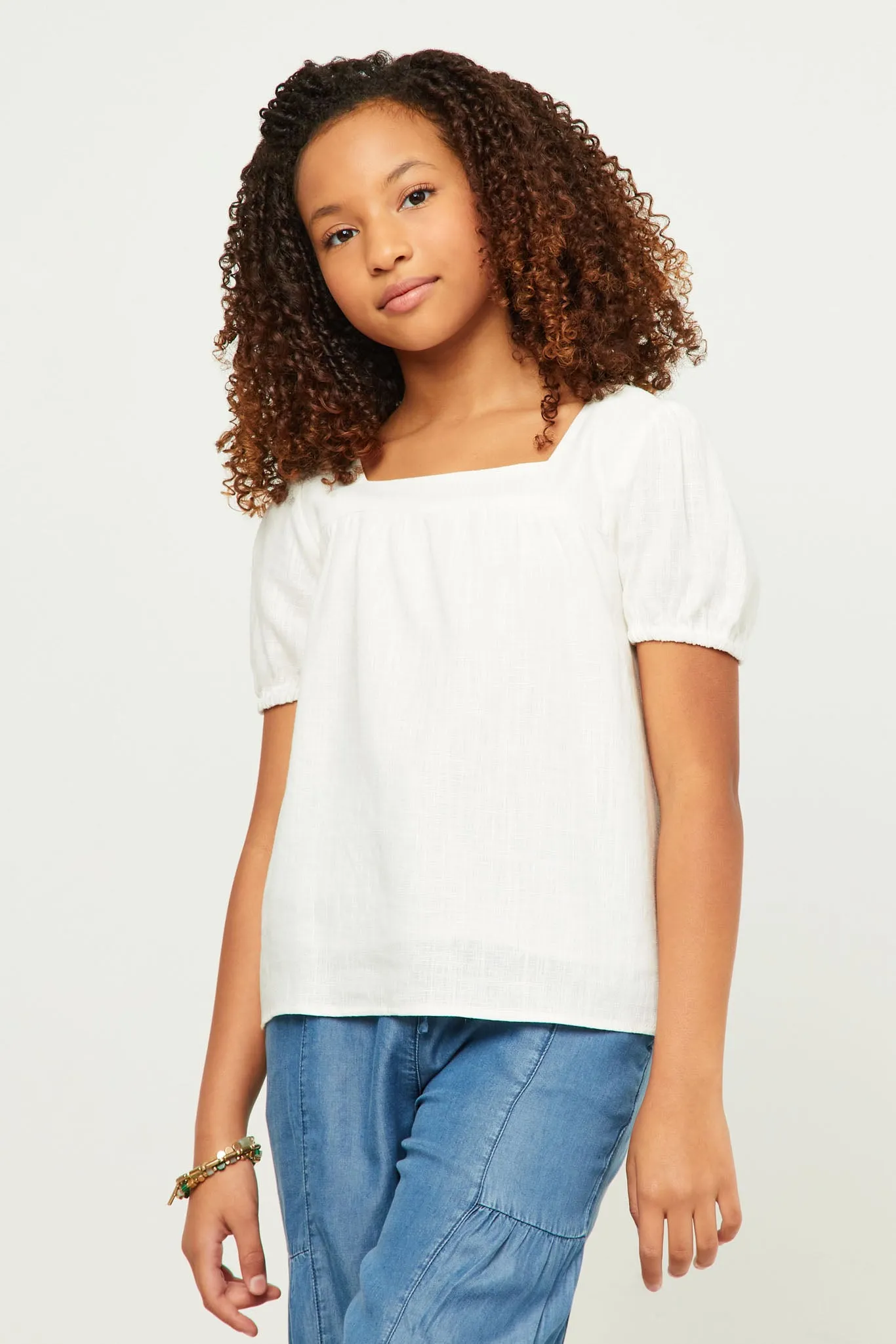 Linen Look Square Neck Puff Sleeve Top
