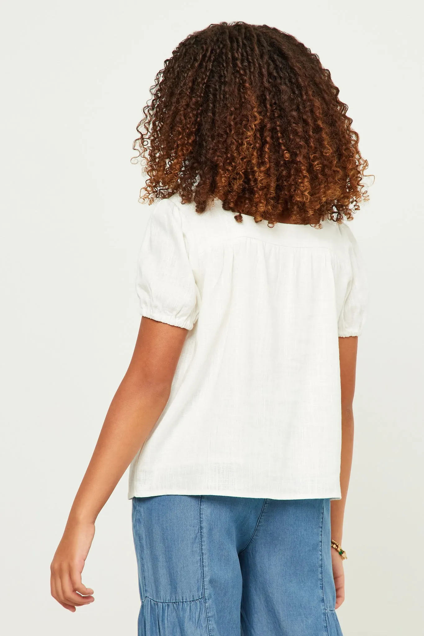 Linen Look Square Neck Puff Sleeve Top