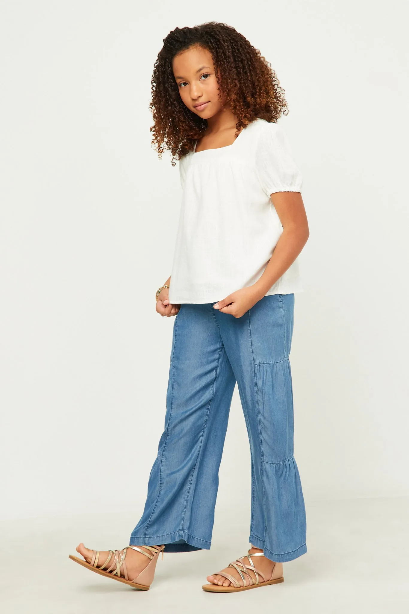 Linen Look Square Neck Puff Sleeve Top