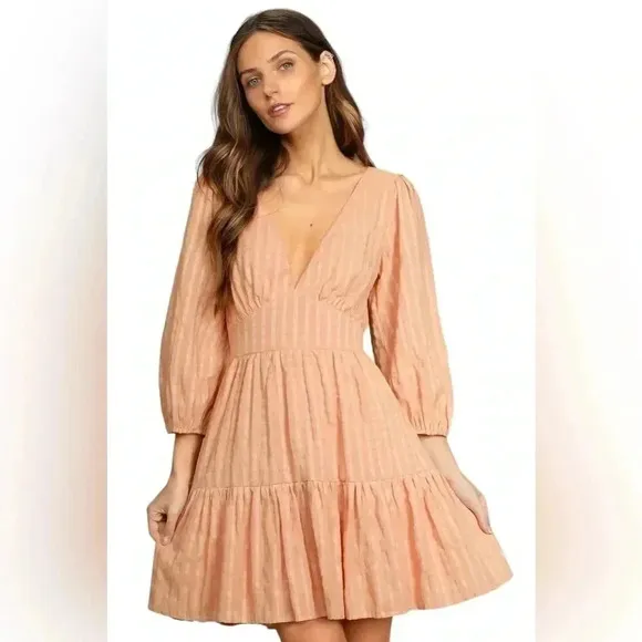 Lulus NWT Spring Equinox Peachy Plaid Backless Tiered Mini Dress Large