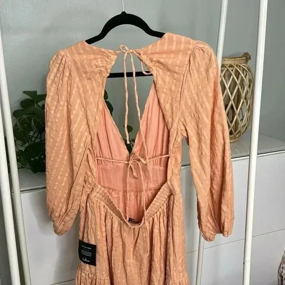Lulus NWT Spring Equinox Peachy Plaid Backless Tiered Mini Dress Large