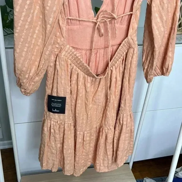 Lulus NWT Spring Equinox Peachy Plaid Backless Tiered Mini Dress Large
