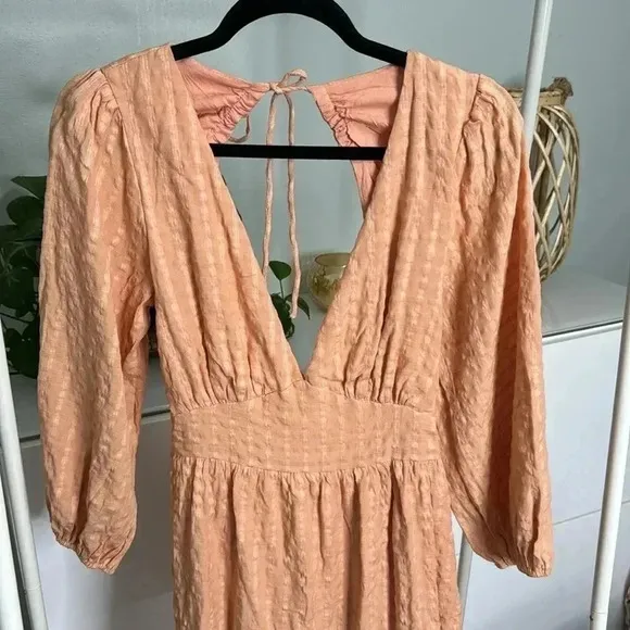 Lulus NWT Spring Equinox Peachy Plaid Backless Tiered Mini Dress Large