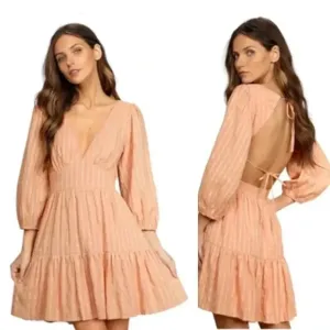 Lulus NWT Spring Equinox Peachy Plaid Backless Tiered Mini Dress Large