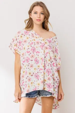 Mauve Floral Combo V Neck Dolman