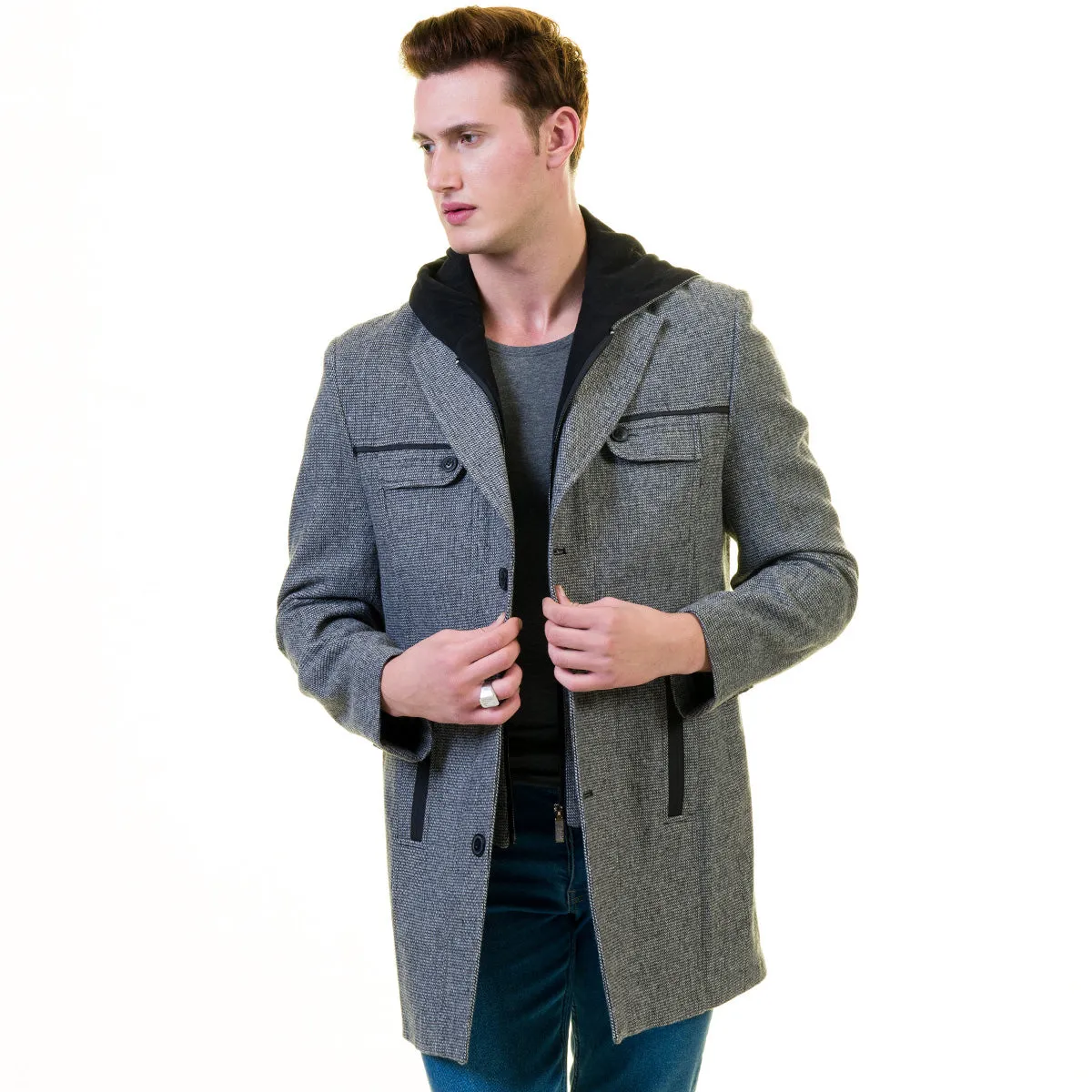Men's European Grey Wool Coat Hooded Jacket Tailor fit Fine Luxury Quality Work and Casual