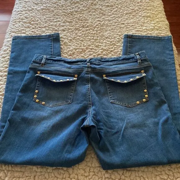 Michael Kors Blue Wash Women’s Size 12P Bootcut Straight Leg Gold Studded Jeans