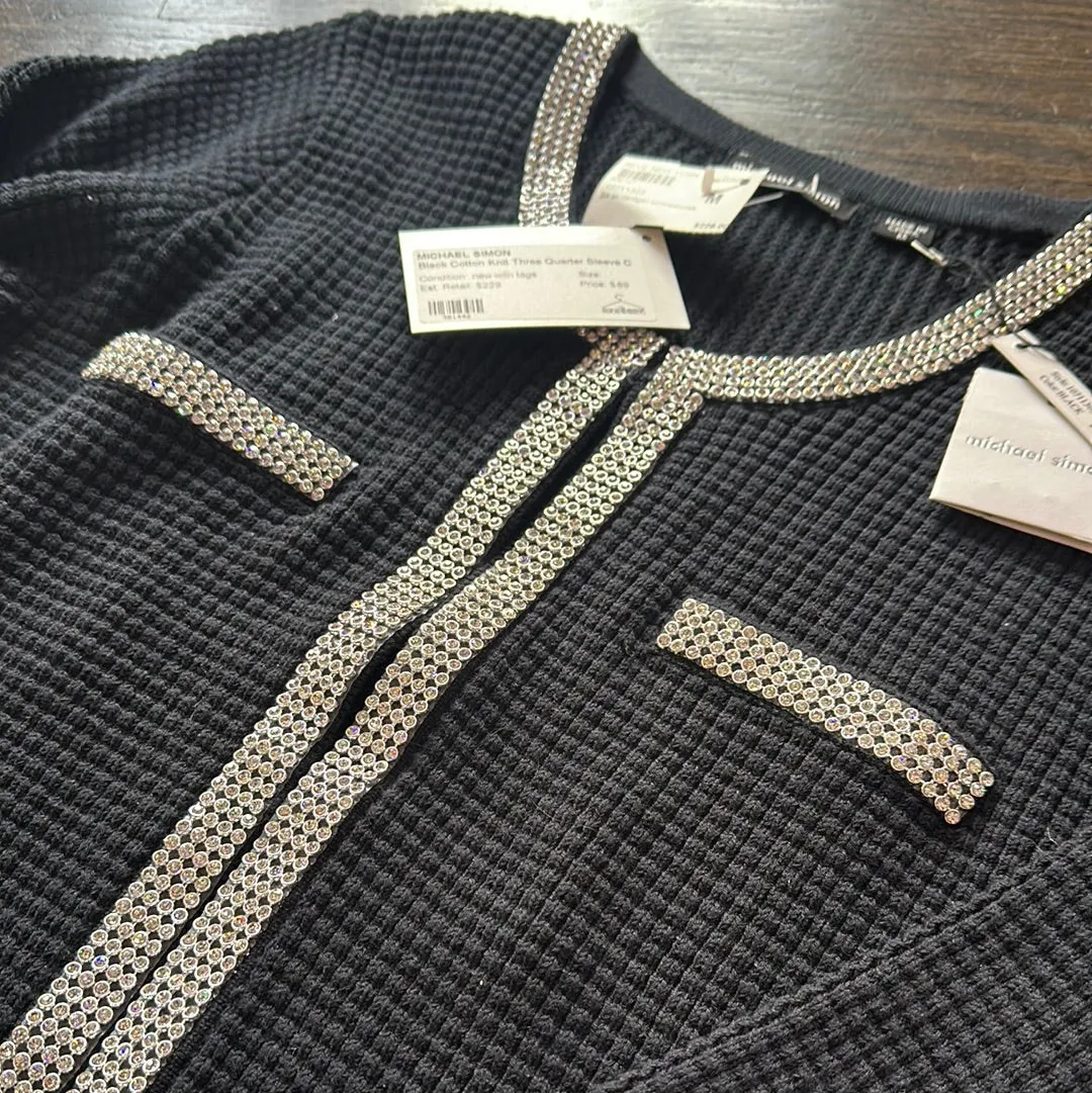 michael simon Black Cotton Knit Three Quarter Sleeve Cardigan with Crystal Trim