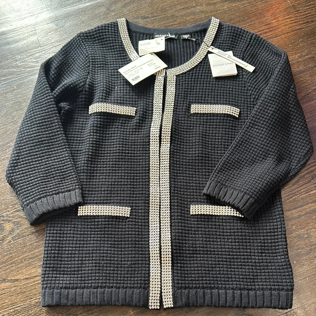 michael simon Black Cotton Knit Three Quarter Sleeve Cardigan with Crystal Trim