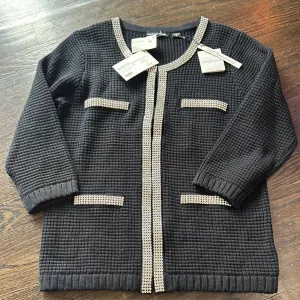 michael simon Black Cotton Knit Three Quarter Sleeve Cardigan with Crystal Trim