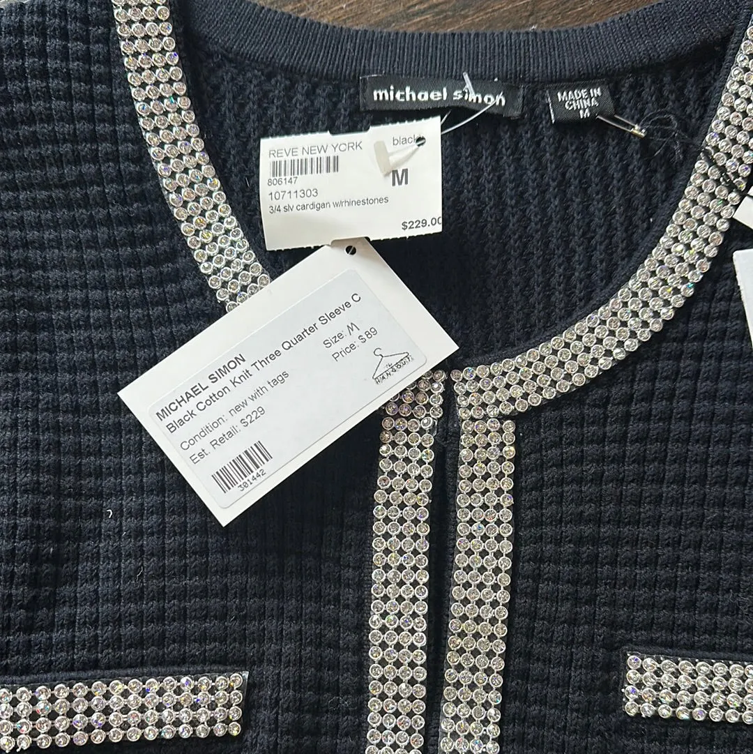michael simon Black Cotton Knit Three Quarter Sleeve Cardigan with Crystal Trim