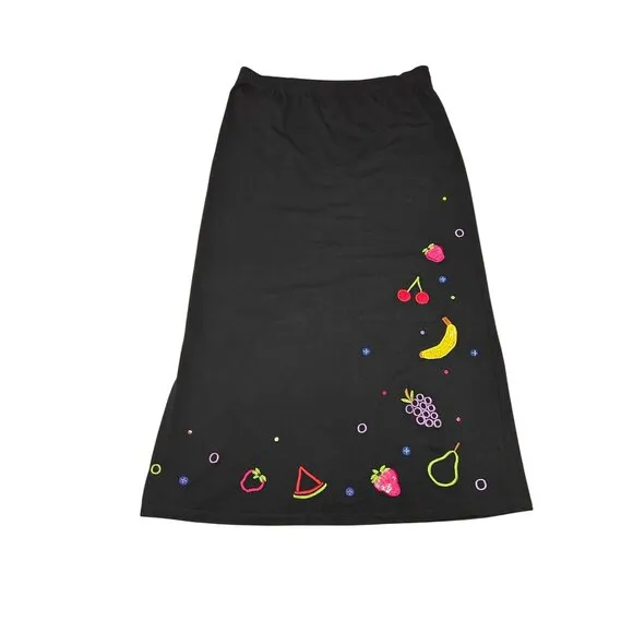 Michael Simon Black Skirt P/S Fruit Embroidery Cotton Elastic Waist Womens