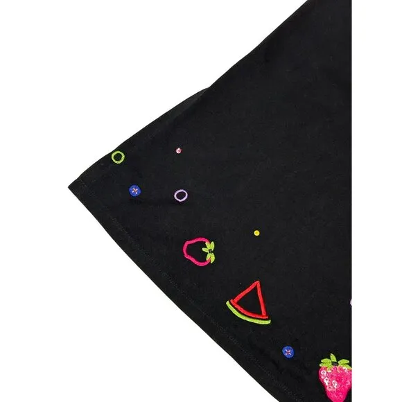 Michael Simon Black Skirt P/S Fruit Embroidery Cotton Elastic Waist Womens
