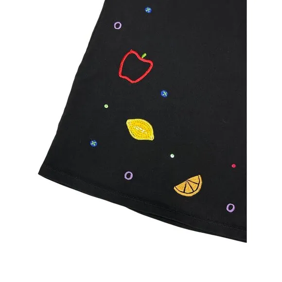 Michael Simon Black Skirt P/S Fruit Embroidery Cotton Elastic Waist Womens