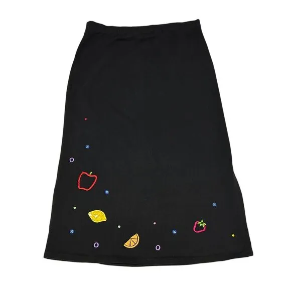 Michael Simon Black Skirt P/S Fruit Embroidery Cotton Elastic Waist Womens