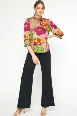 Mocha Floral Print Flutter Mock Neck Top