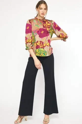 Mocha Floral Print Flutter Mock Neck Top
