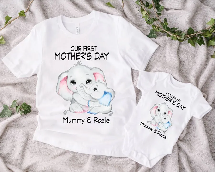 Mum and Baby First Mothers Day Personalised Blue Elephant Tops