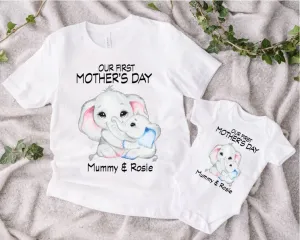 Mum and Baby First Mothers Day Personalised Blue Elephant Tops