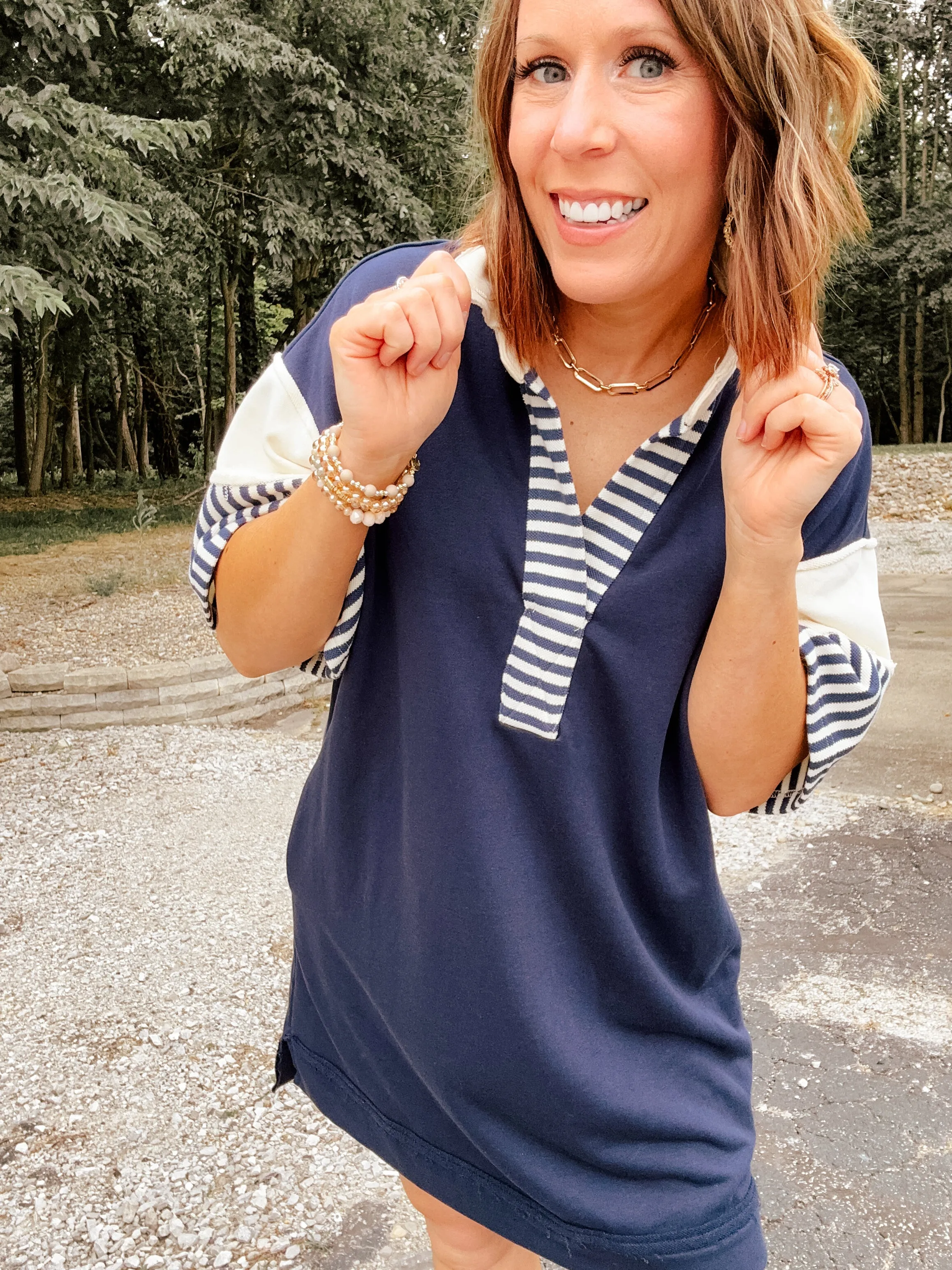 Navy Stripe Colorblock Collared Dress