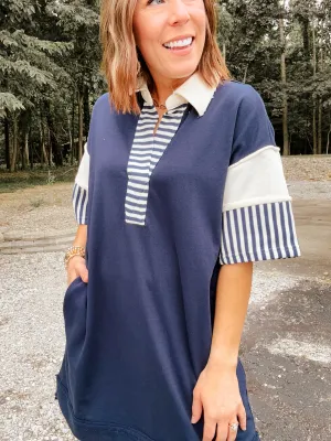 Navy Stripe Colorblock Collared Dress