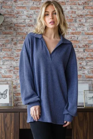 Navy Urban Ribbed V Neck L/S Top