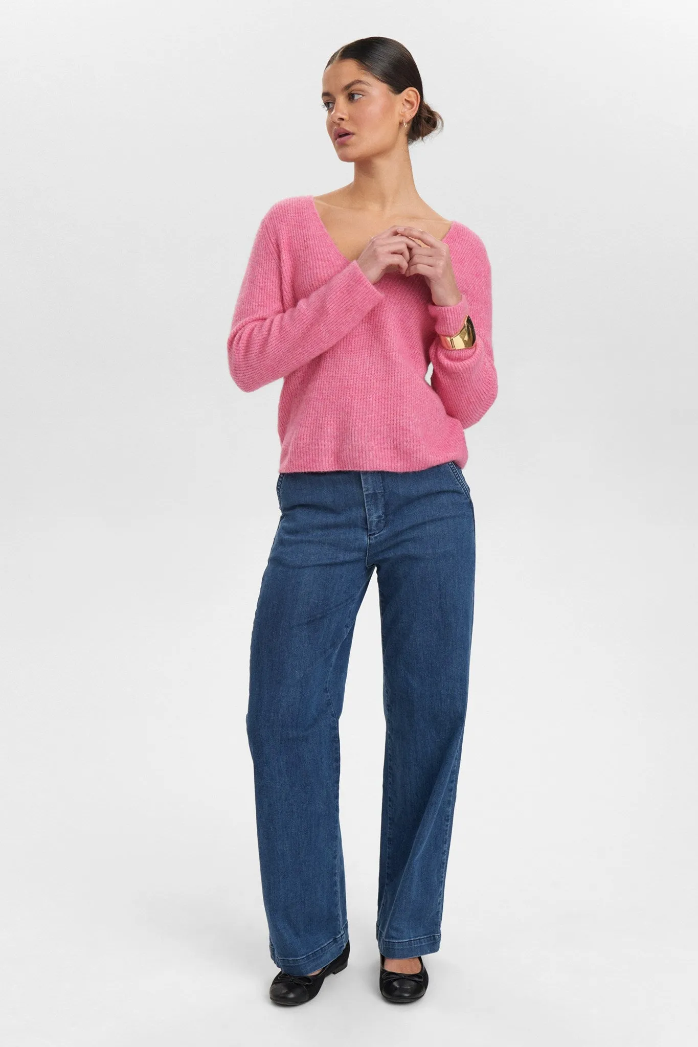 NURIETTE RIB V-NECK PULLOVER - Pink Cosmos