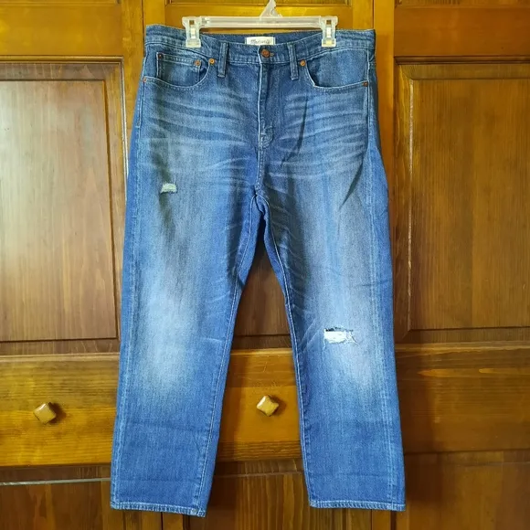 NWOT Madewell Straight Crop Medium Wash Distressed Denim Jeans F2816 Size 32