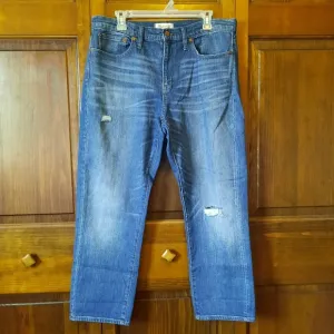 NWOT Madewell Straight Crop Medium Wash Distressed Denim Jeans F2816 Size 32