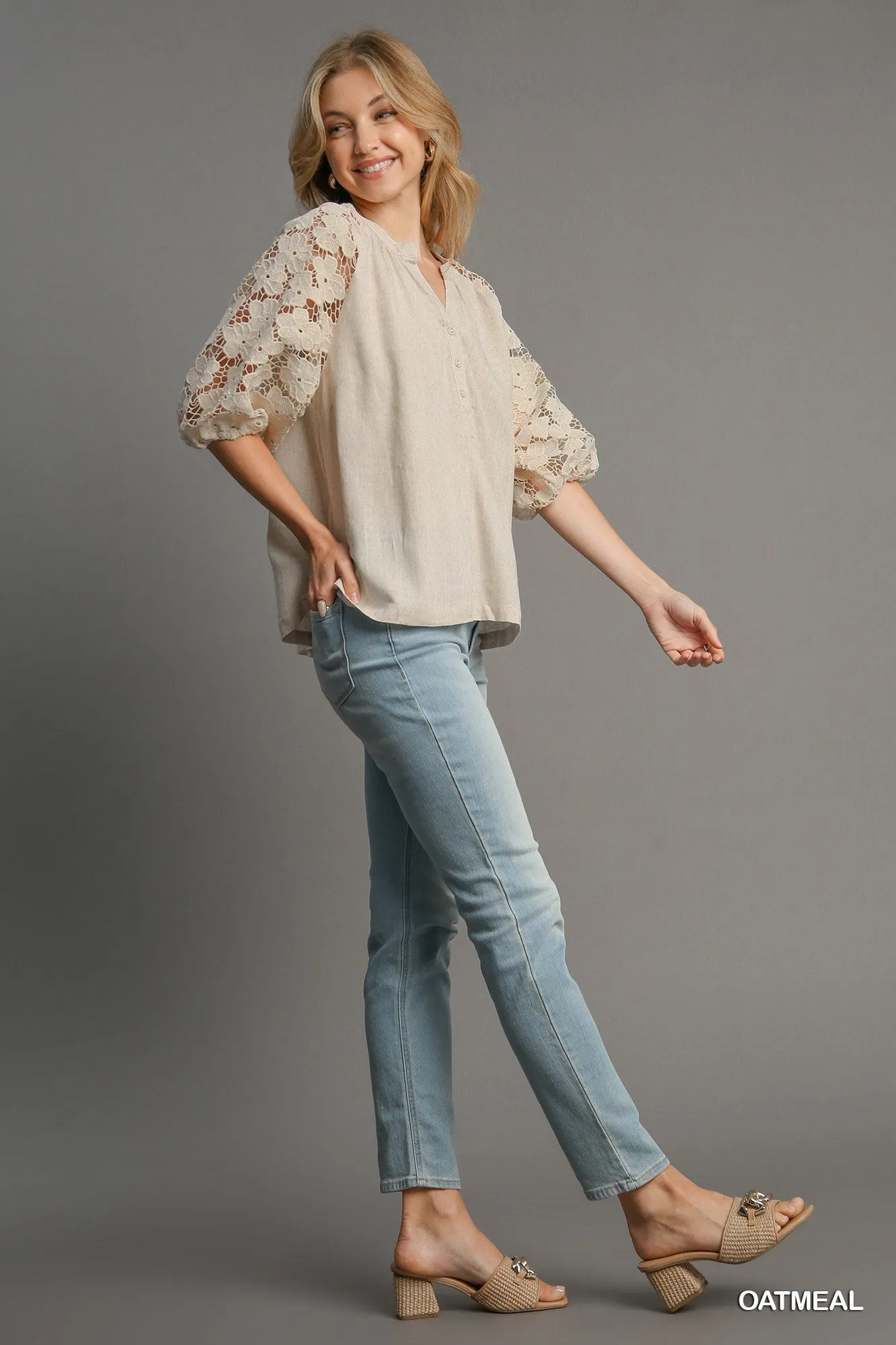 Oatmeal Linen Blend Top w/ Floral Lace Puff Sleeves