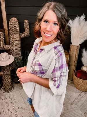 Oatmeal   Purple Linen Plaid Mix Button Up