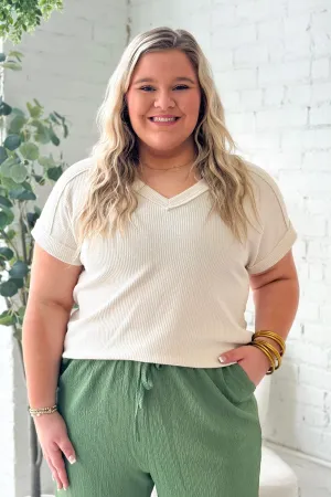 Oatmeal Ribbed V-Neck Top
