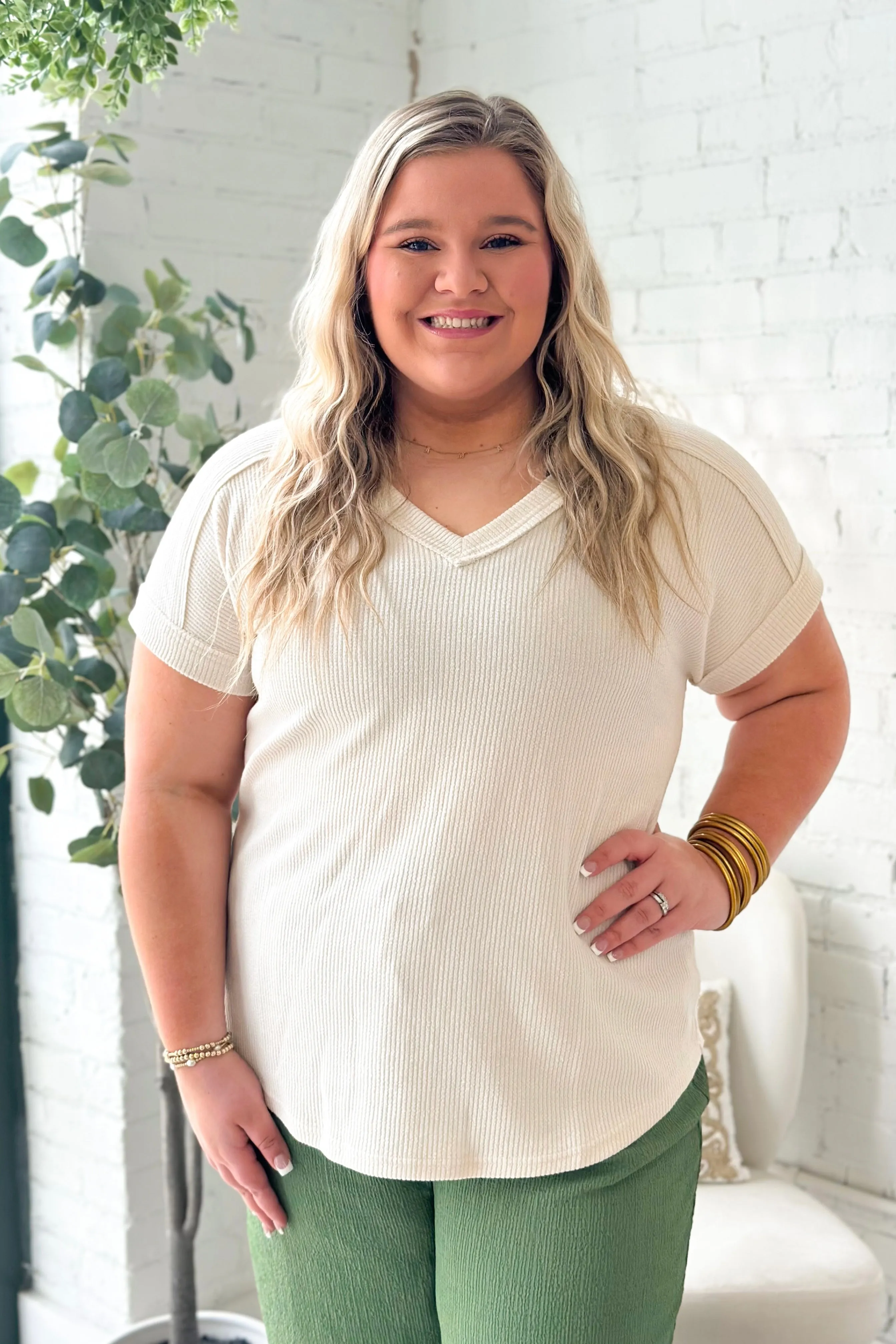 Oatmeal Ribbed V-Neck Top