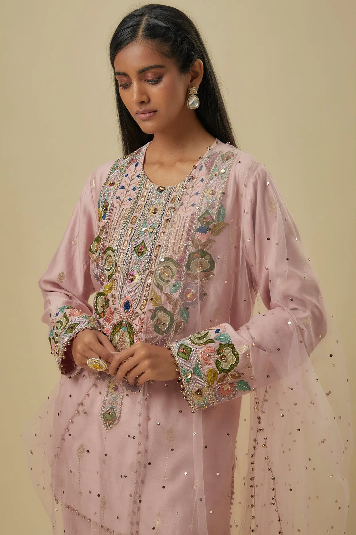 Onion pink brocade butti embroidered kurta set