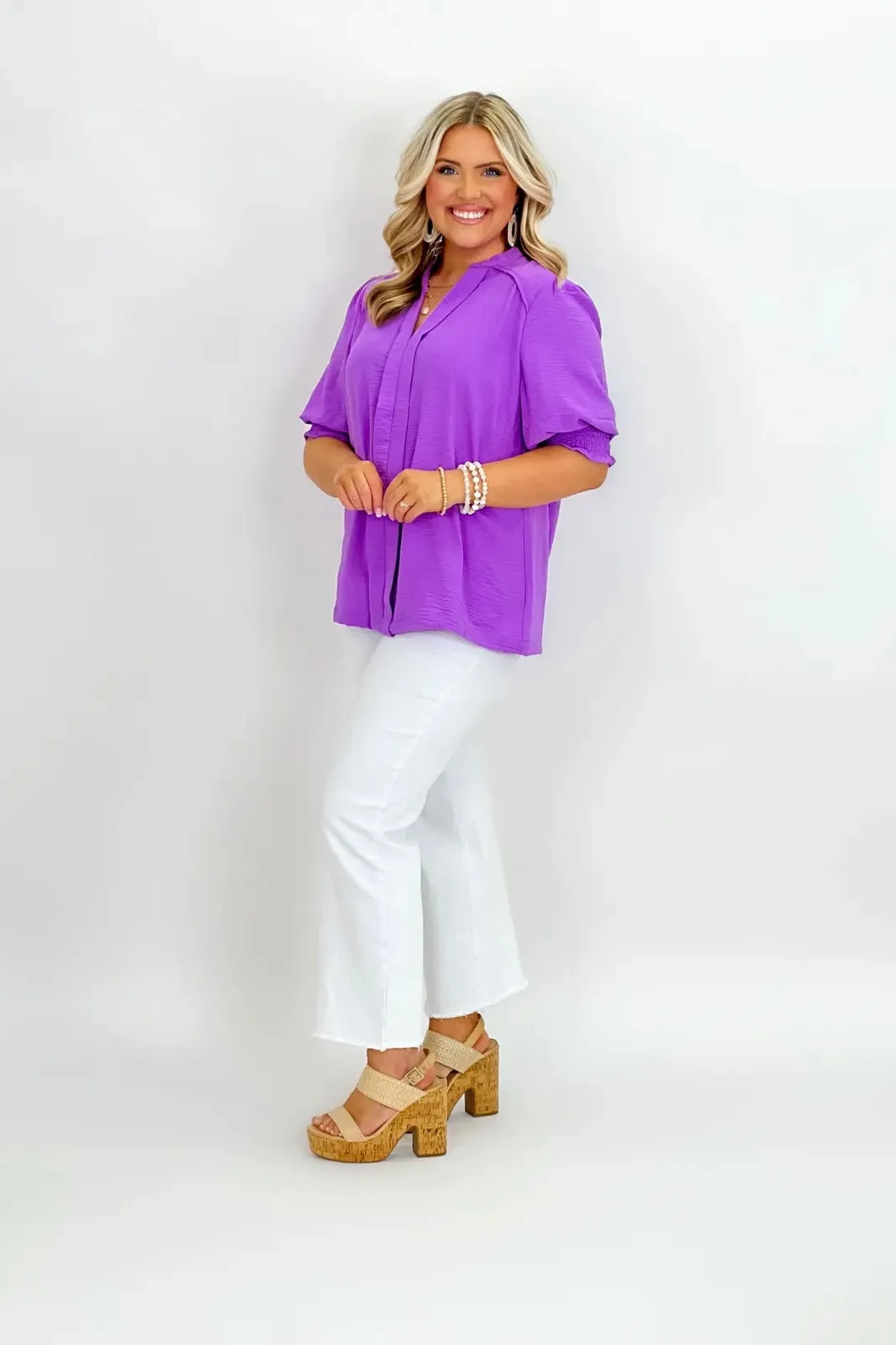 Orchid V-Neck Scrunch Sleeve Top