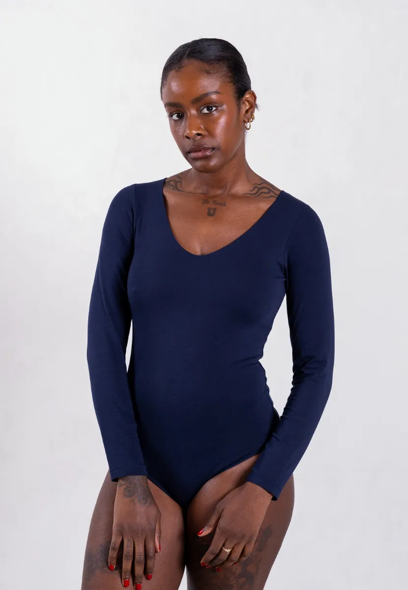 Organic Cotton Long Sleeve V-Neck Bodysuit, Blue Navy