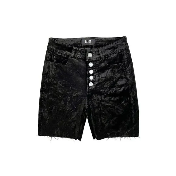 Paige Denim Black Velvet Cut Off Shorts Raw Hem Exposed Buttons SZ 24