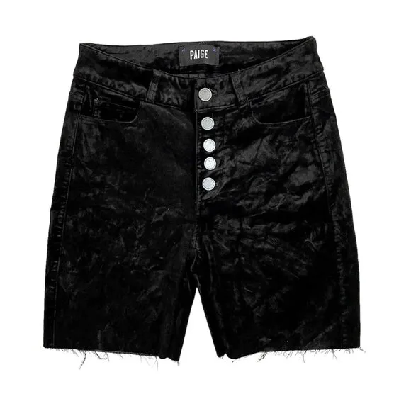 Paige Denim Black Velvet Cut Off Shorts Raw Hem Exposed Buttons SZ 24